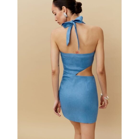 REFORMATION Valli Parisian Blue Linen Cut Out Mini Halter Dress, Size 8 - Picture 3 of 13